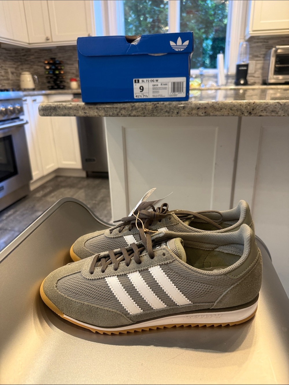 NIB ADIDAS SL 72 OG suede and leather trimmed mesh sneakers in army green